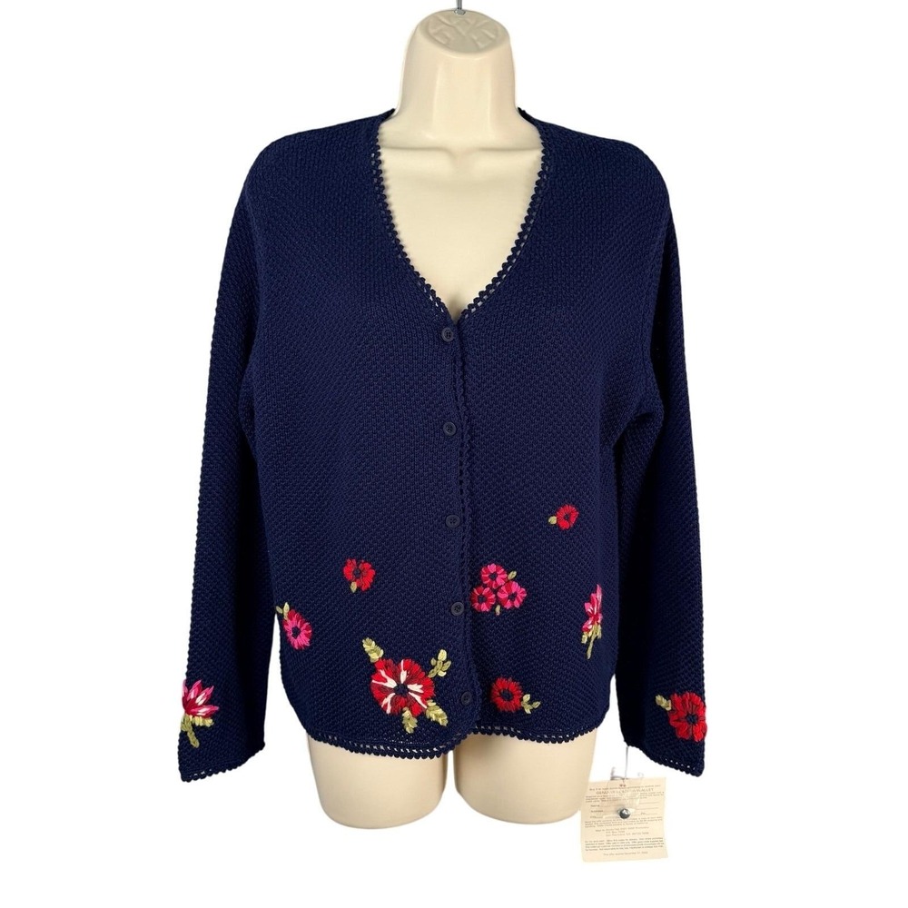 Vintage Koret Cardigan PM Navy Floral Embroidery Scalloped 90's Y2K Grandmacore